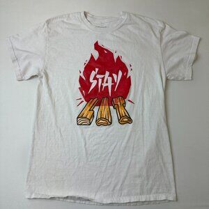 3Forty Inc Shirt Mens Medium White Stay Lit Campfire Graphic Tee Fire Flame